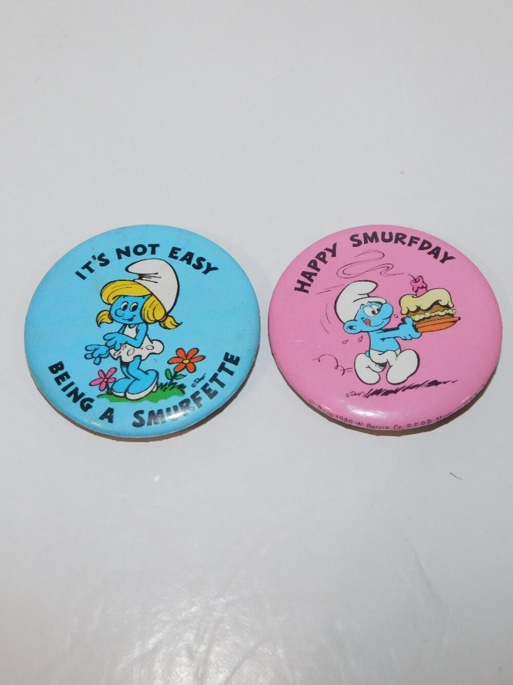 2 Vintage 1980 Peyo Smurf Smurfette Pin Back Buttons Happy SmurfDay Birthday